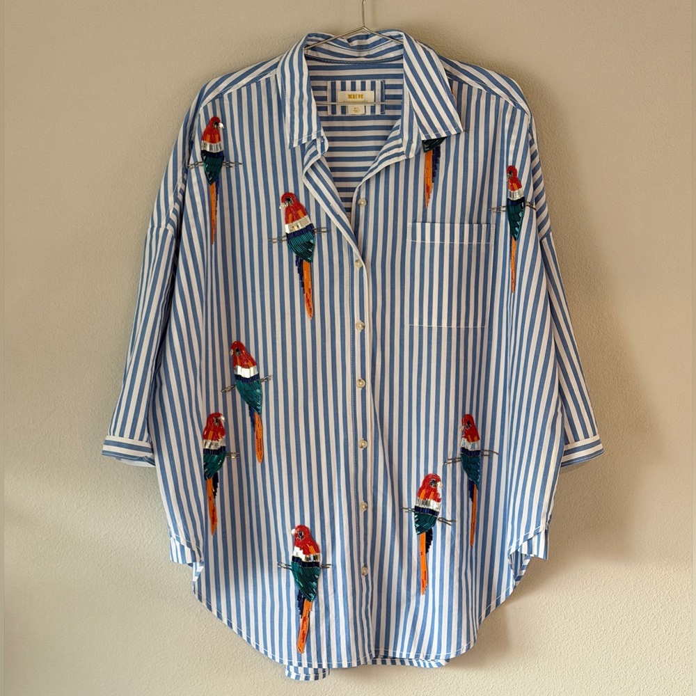 Maeve Blue and White Striped Button-Down Shirt with Parrot Embroidery